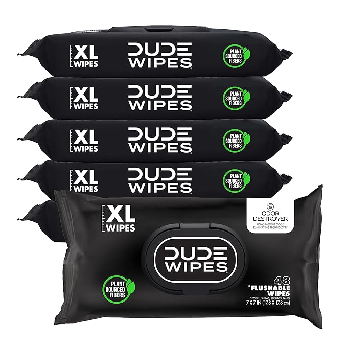 DUDE Wipes - Flushable Wipes for Adults - 6 Pack, 288 Count - Odor Destroyer XL - Deodorizing with Clean Scent - Up to 24 Hours of Odor-Destroying Technology