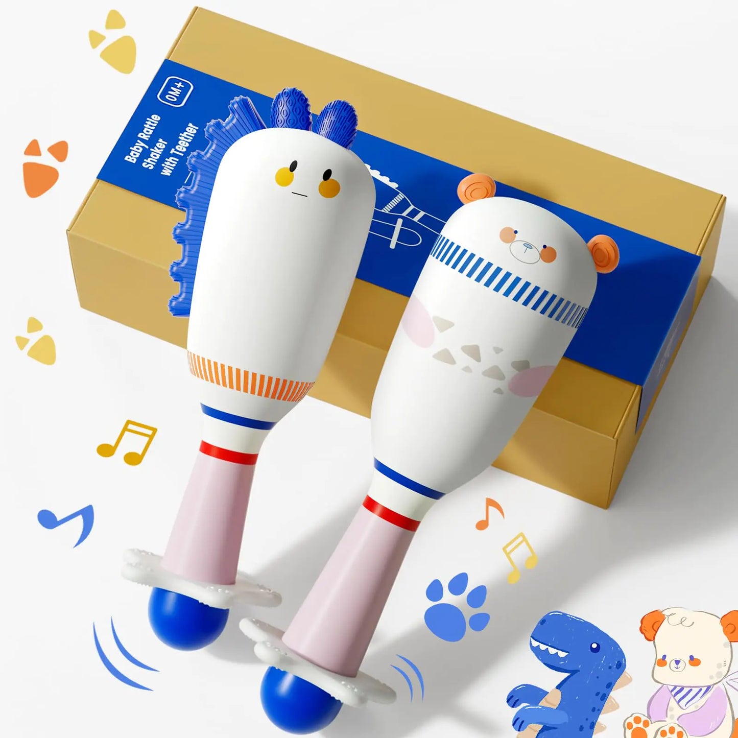 Evoceler Baby Toys - 2 Pcs Baby Rattles with Teether Tummy Time Toys Soft Silicone BPA Free Dinosaur & Bear Sensory Toys for 0+ Months Babies Perfect Size for Grasp and Shake Boy Girl Gift